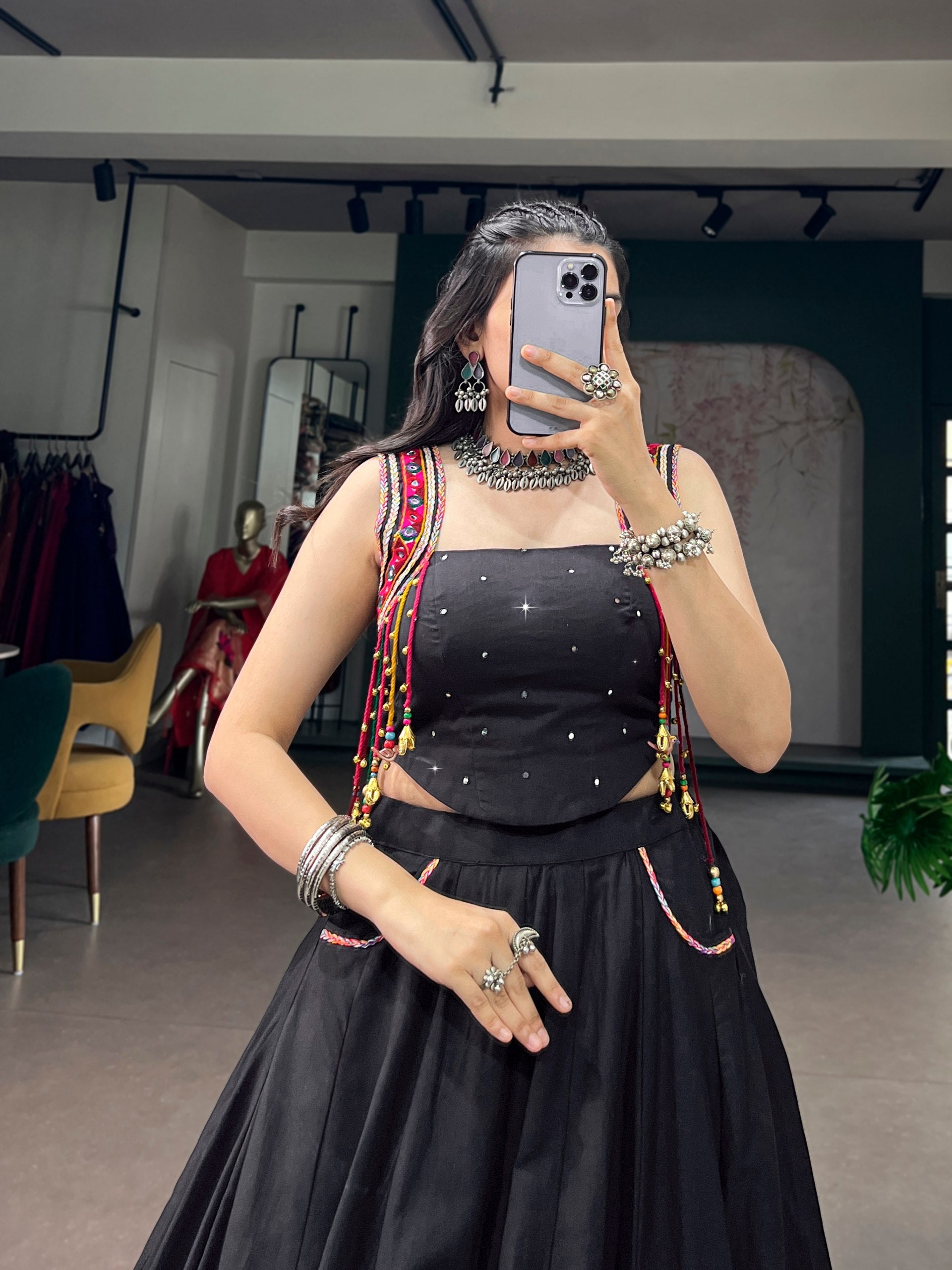 Womenline Midnight Black Mirror Work Lehenga Set with Artisan Jacket