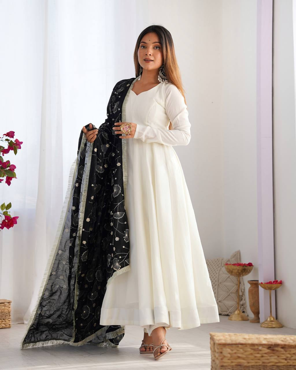 Womenline White Color Soft Vichitra Silk Anarkali With Black Dupatta