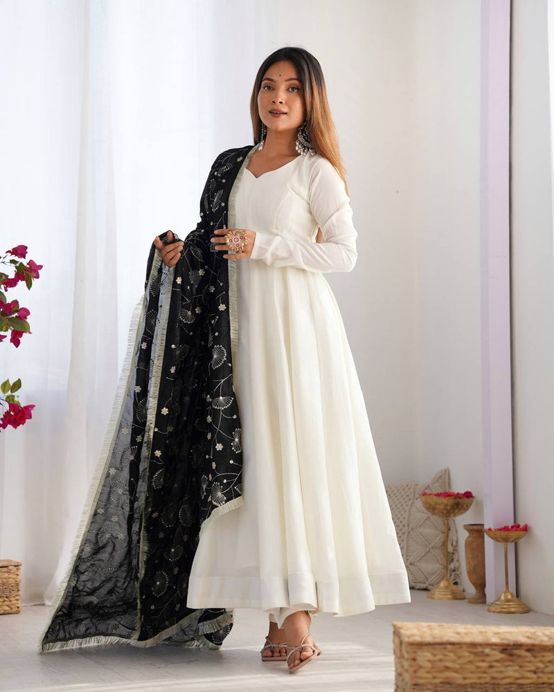 Womenline White Color Soft Vichitra Silk Anarkali With Black Dupatta