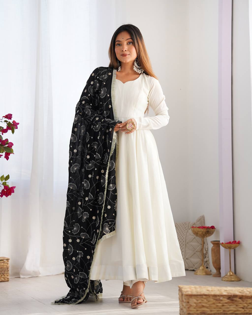 Womenline White Color Soft Vichitra Silk Anarkali With Black Dupatta