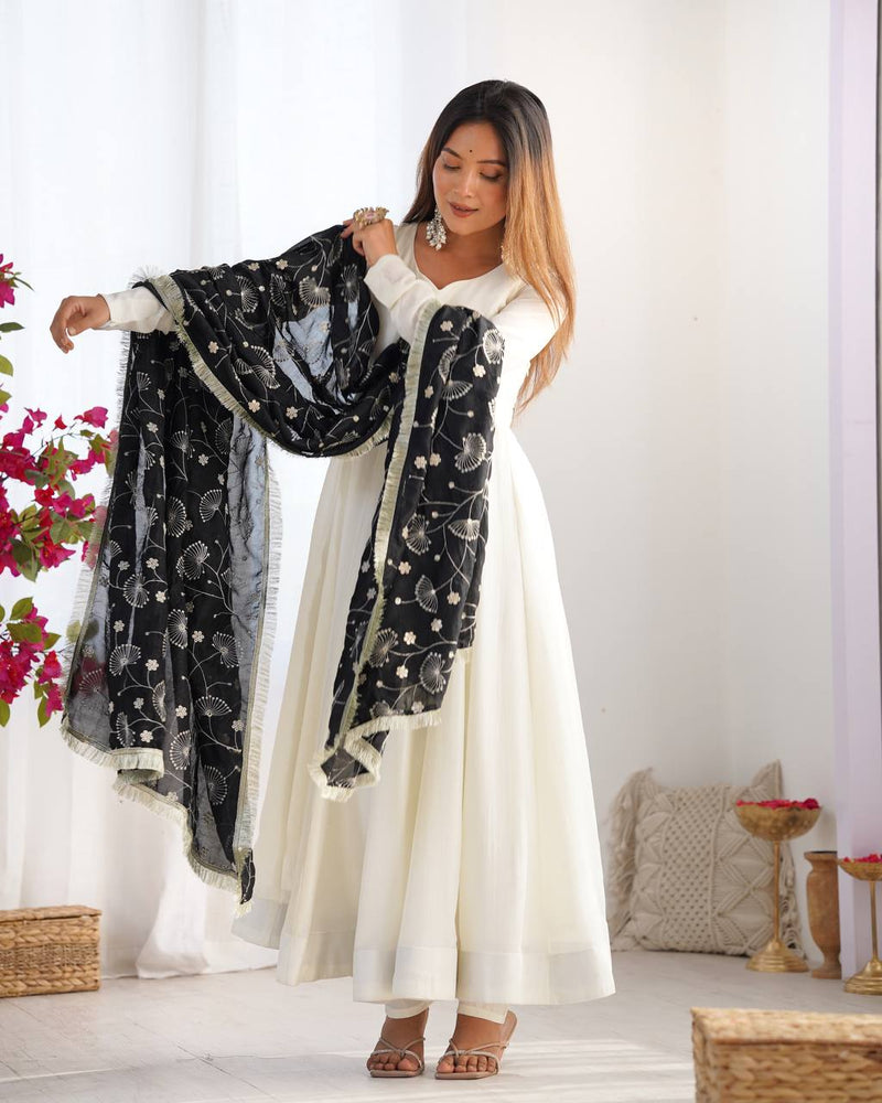Womenline White Color Soft Vichitra Silk Anarkali With Black Dupatta