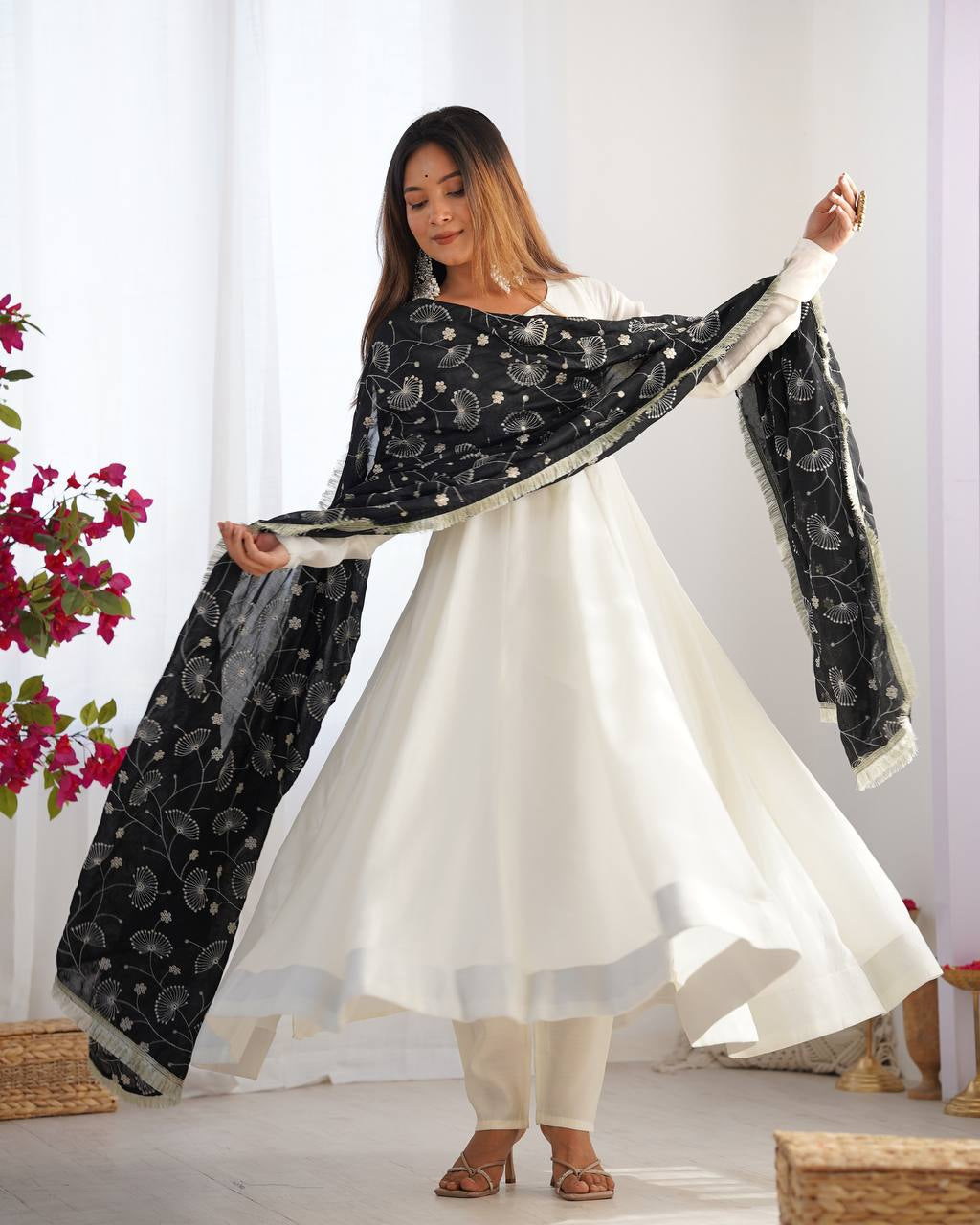 Womenline White Color Soft Vichitra Silk Anarkali With Black Dupatta