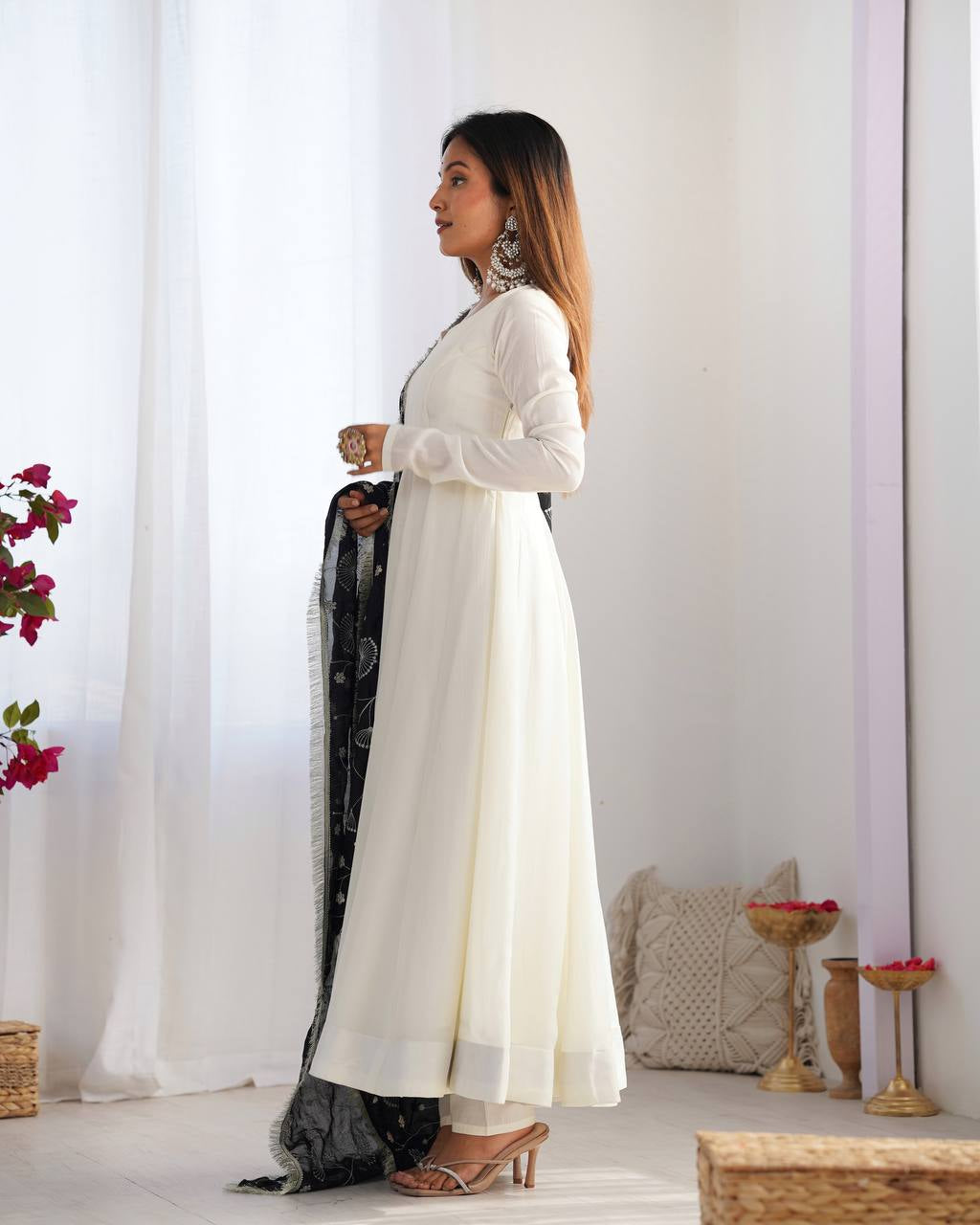 Womenline White Color Soft Vichitra Silk Anarkali With Black Dupatta