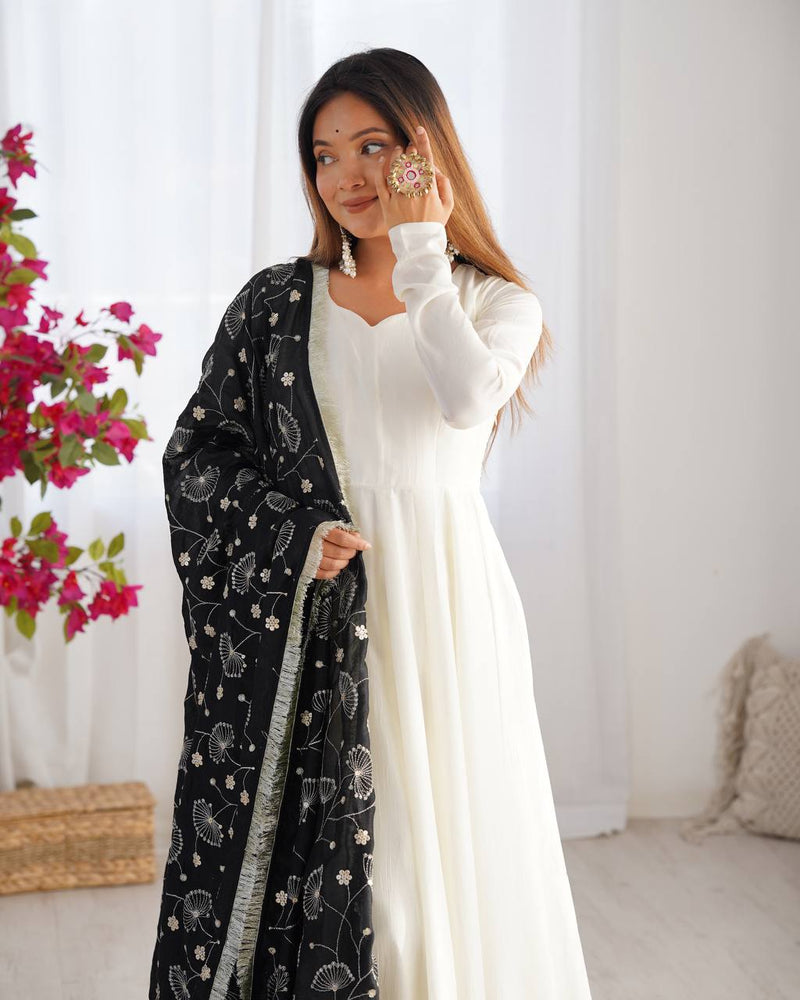 Womenline White Color Soft Vichitra Silk Anarkali With Black Dupatta