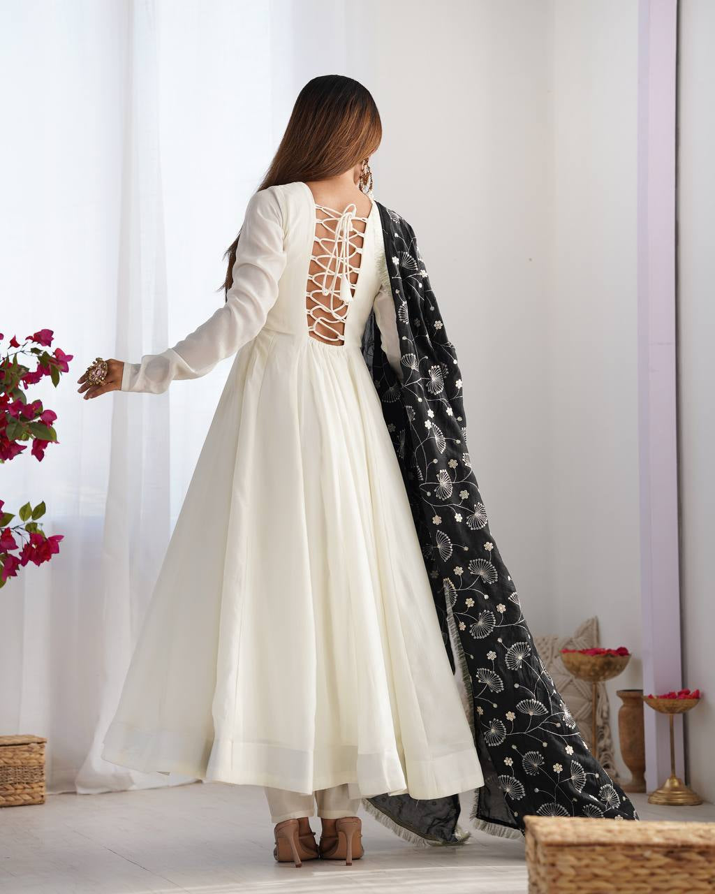 Womenline White Color Soft Vichitra Silk Anarkali With Black Dupatta