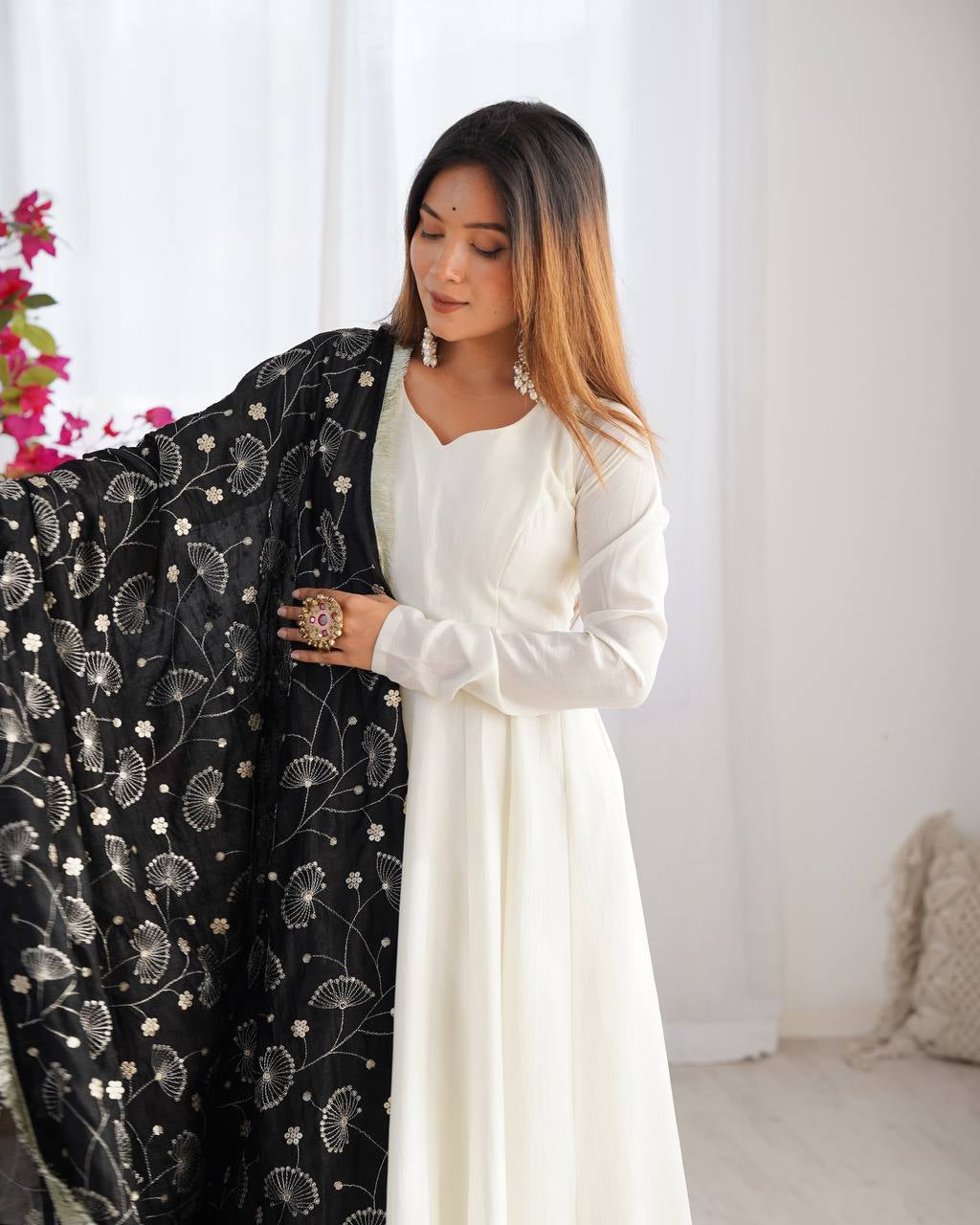 Womenline White Color Soft Vichitra Silk Anarkali With Black Dupatta