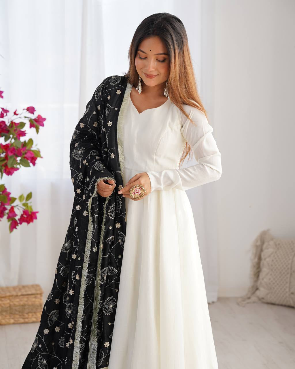 Womenline White Color Soft Vichitra Silk Anarkali With Black Dupatta