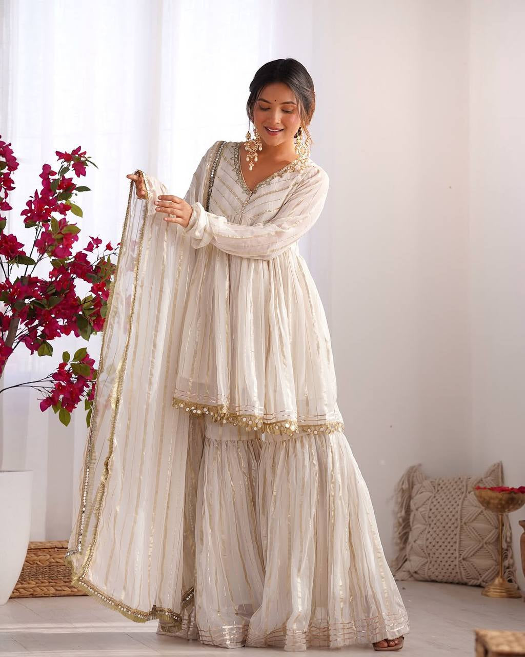Womenline Ivory Pearl Luxe Sharara Suit Set with Golden Lurex Dupatta