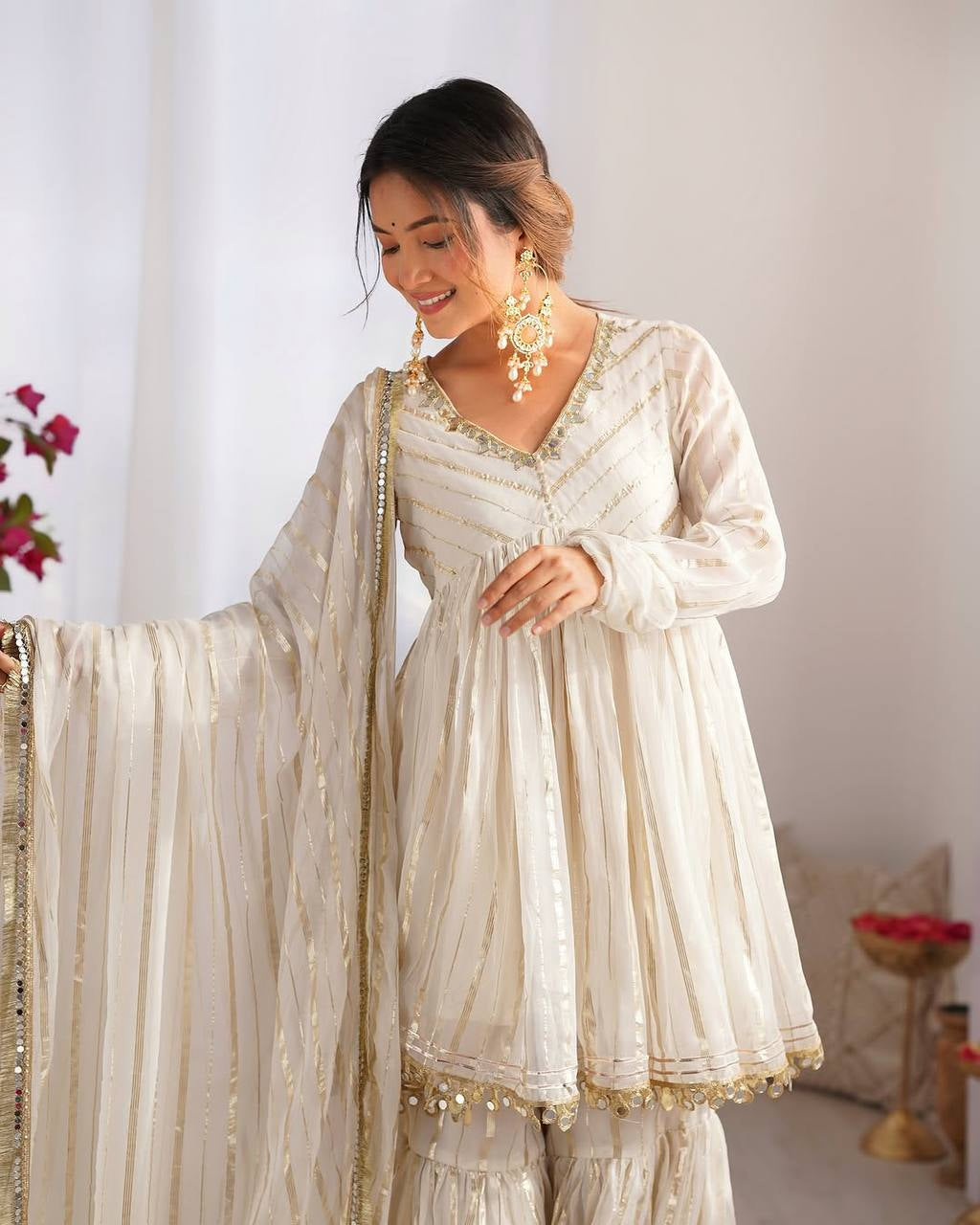 Womenline Ivory Pearl Luxe Sharara Suit Set with Golden Lurex Dupatta