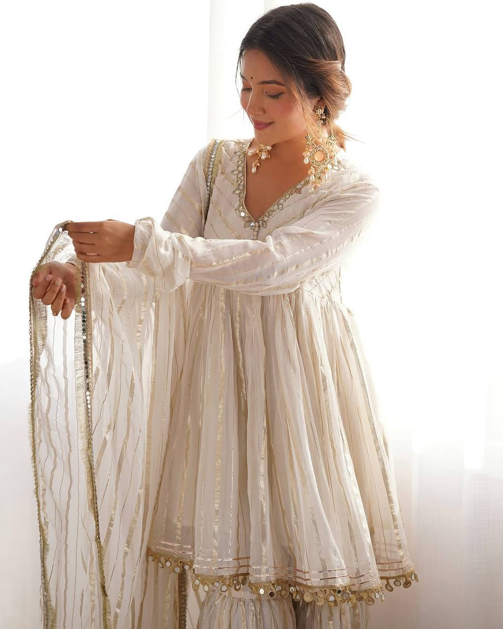 Womenline Ivory Pearl Luxe Sharara Suit Set with Golden Lurex Dupatta