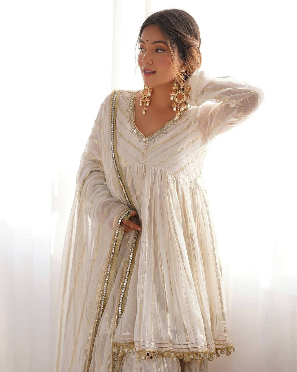 Womenline Ivory Pearl Luxe Sharara Suit Set with Golden Lurex Dupatta