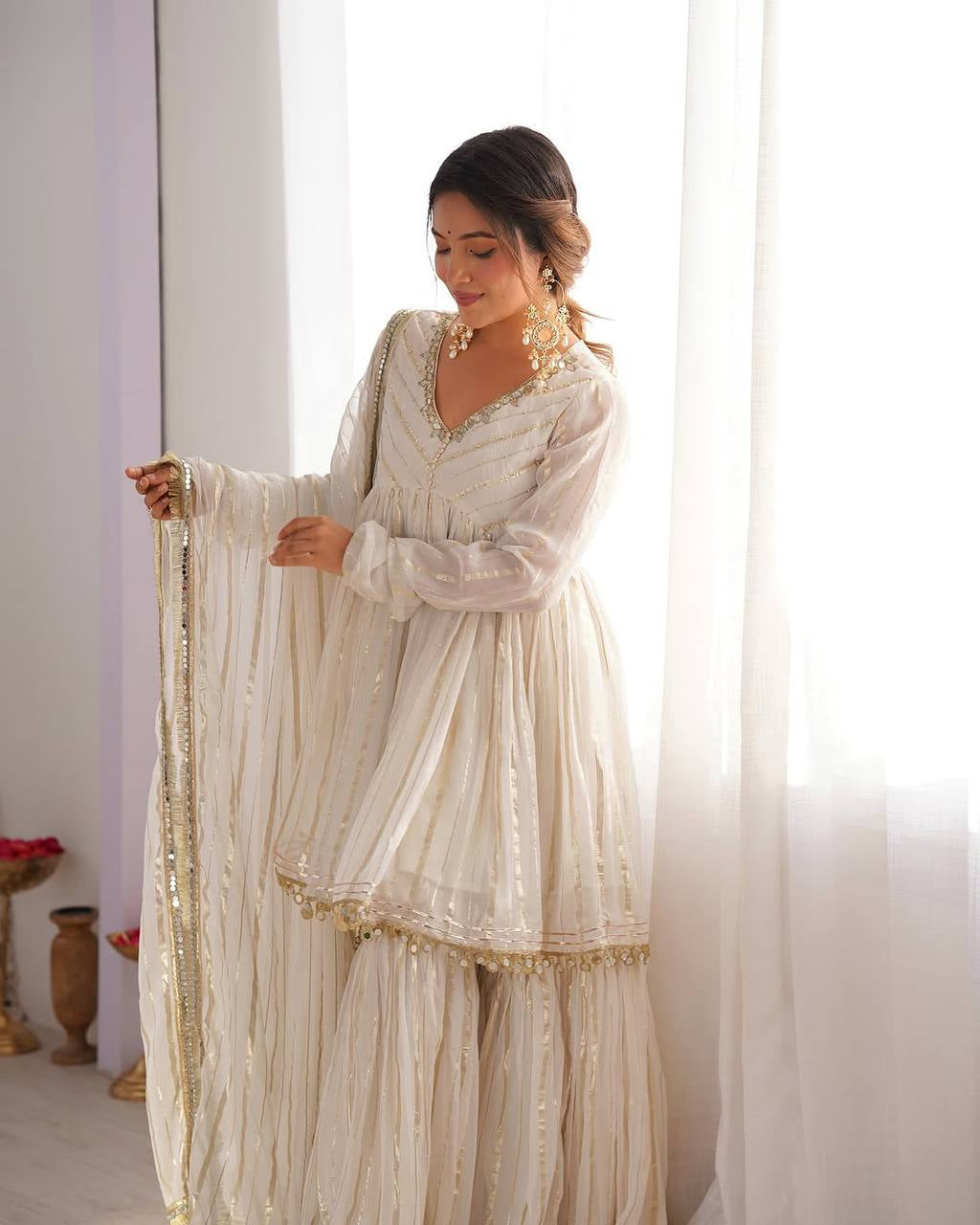 Womenline Ivory Pearl Luxe Sharara Suit Set with Golden Lurex Dupatta
