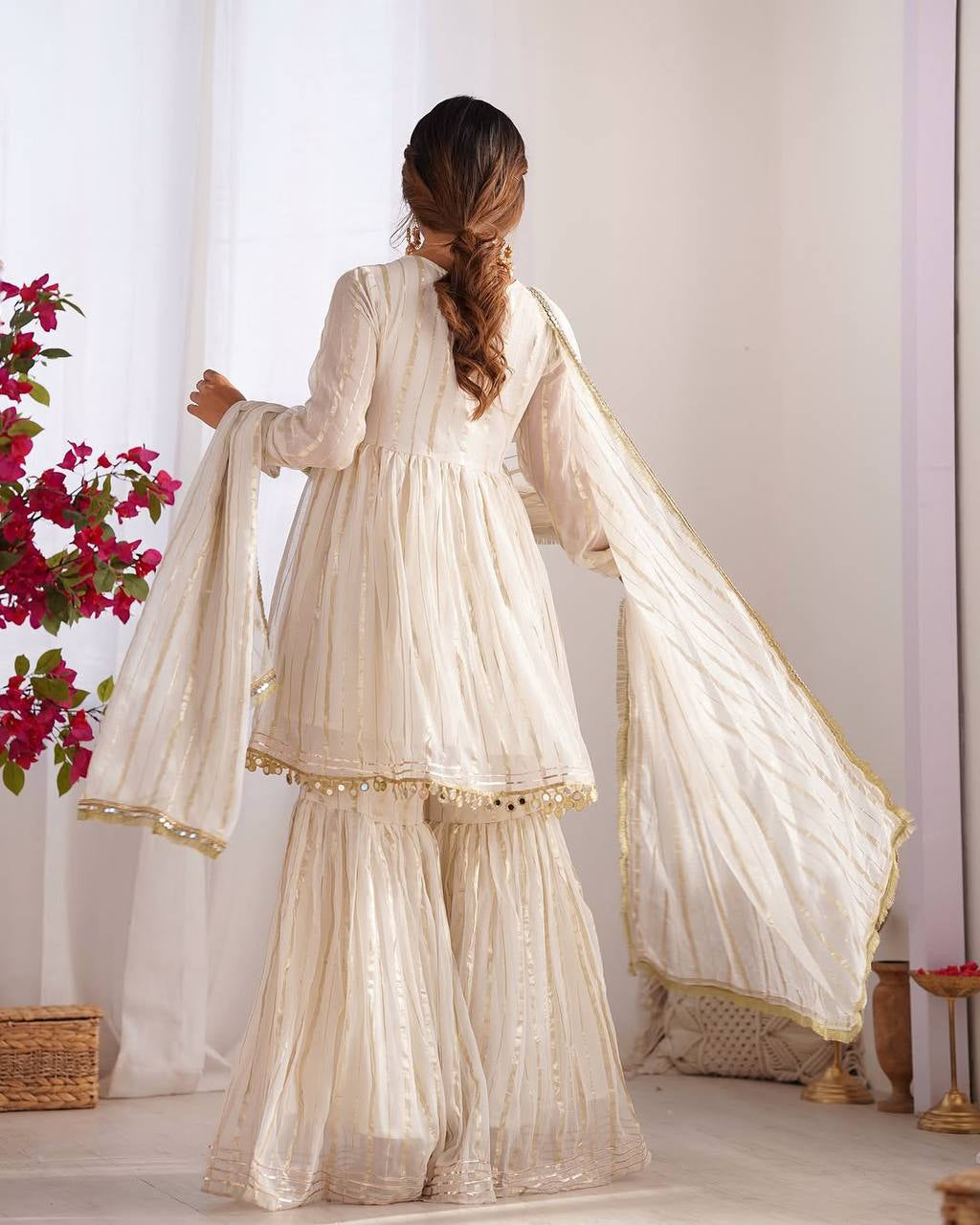 Womenline Ivory Pearl Luxe Sharara Suit Set with Golden Lurex Dupatta