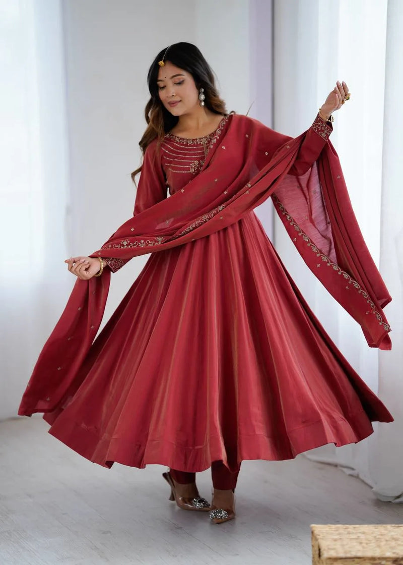 Womenline Maroon Color Roman Shimmer Chanderi Silk Three Piece Anarkali Suit