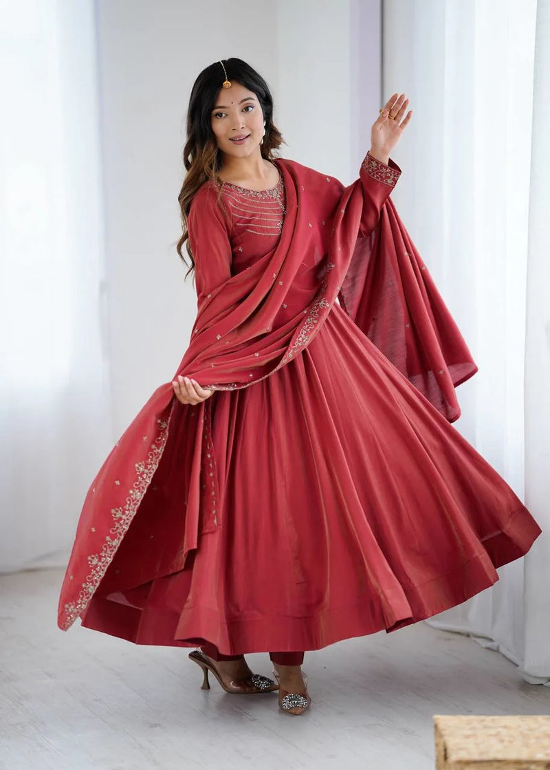 Womenline Maroon Color Roman Shimmer Chanderi Silk Three Piece Anarkali Suit