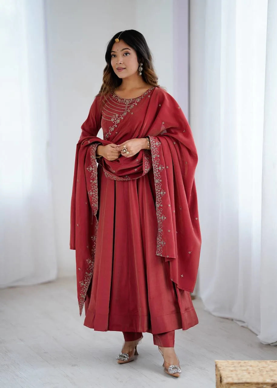 Womenline Maroon Color Roman Shimmer Chanderi Silk Three Piece Anarkali Suit