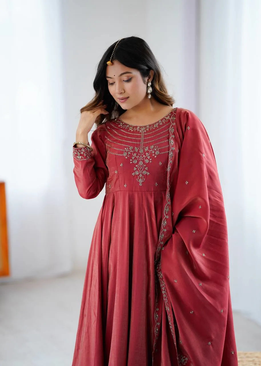 Womenline Maroon Color Roman Shimmer Chanderi Silk Three Piece Anarkali Suit