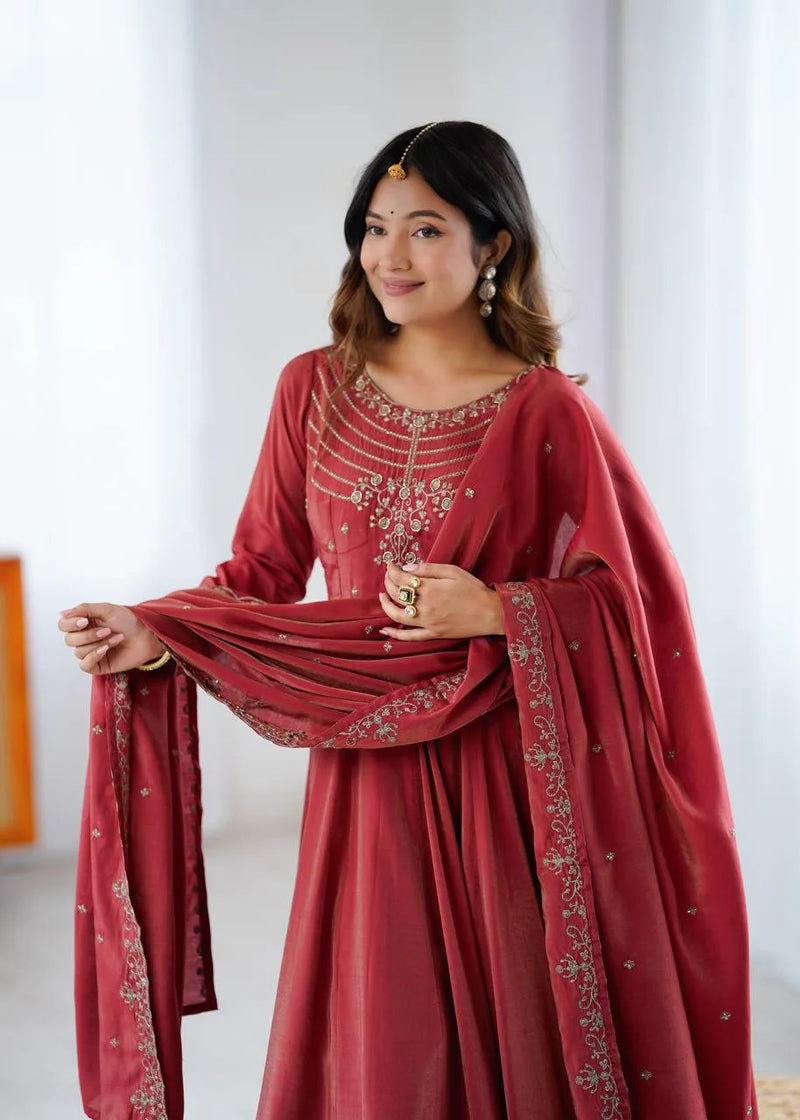 Womenline Maroon Color Roman Shimmer Chanderi Silk Three Piece Anarkali Suit