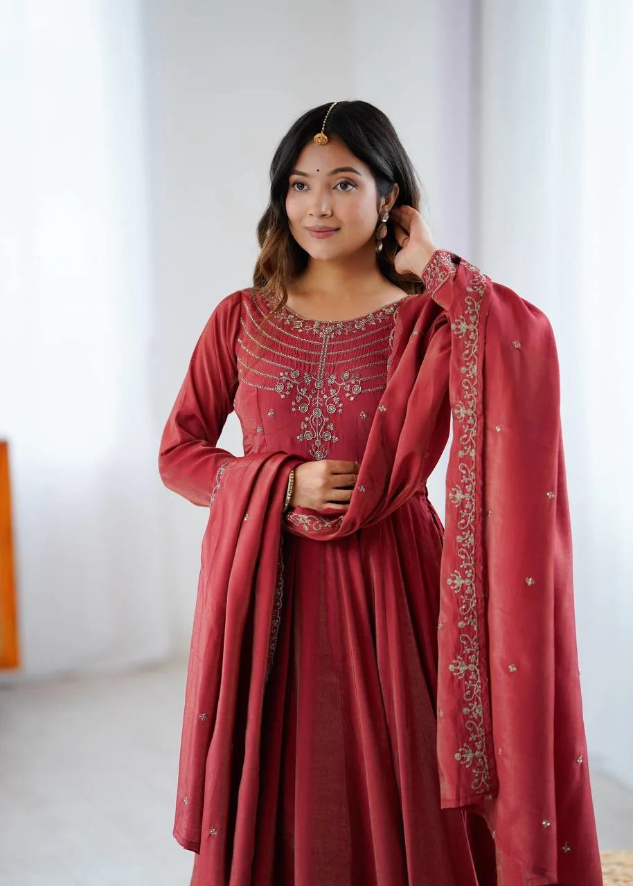 Womenline Maroon Color Roman Shimmer Chanderi Silk Three Piece Anarkali Suit