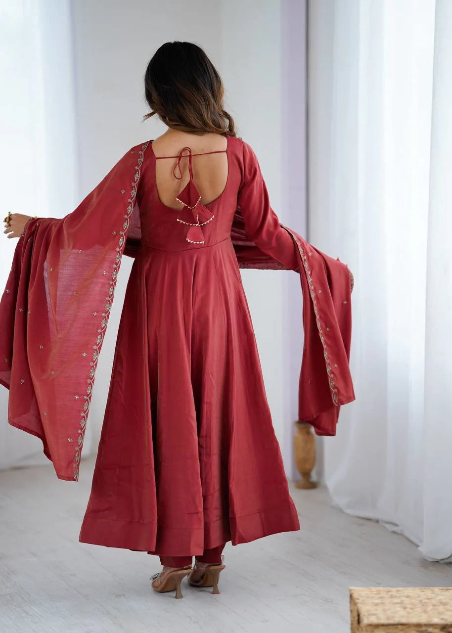 Womenline Maroon Color Roman Shimmer Chanderi Silk Three Piece Anarkali Suit