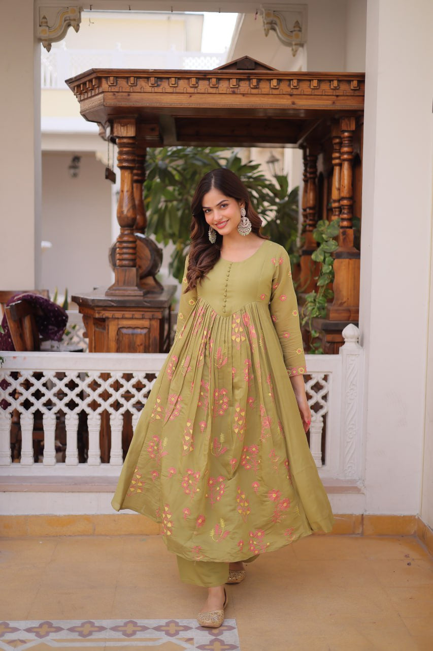 Womenline Olive Green Color Embroidery Anarkali Kurta Set