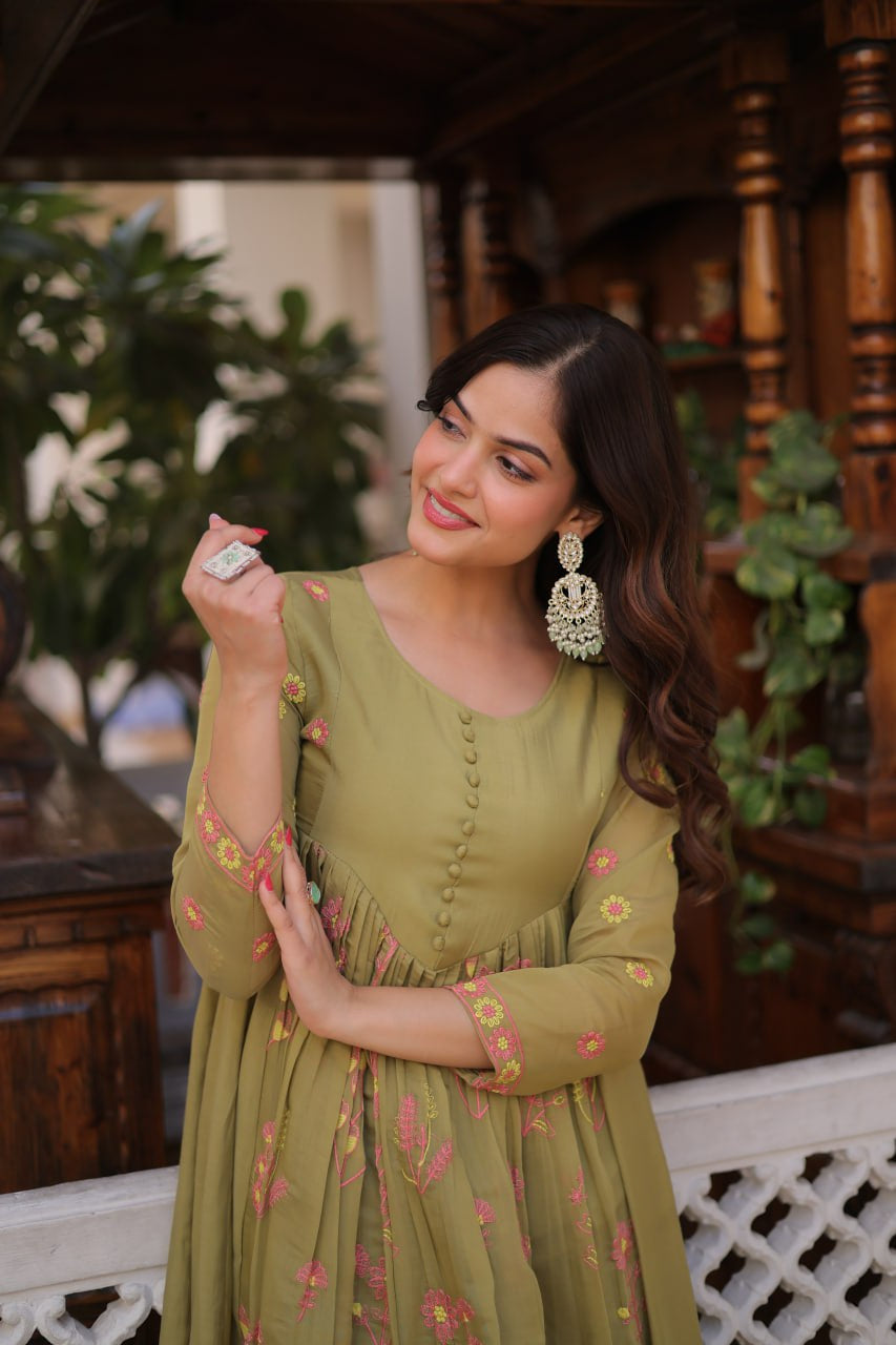 Womenline Olive Green Color Embroidery Anarkali Kurta Set