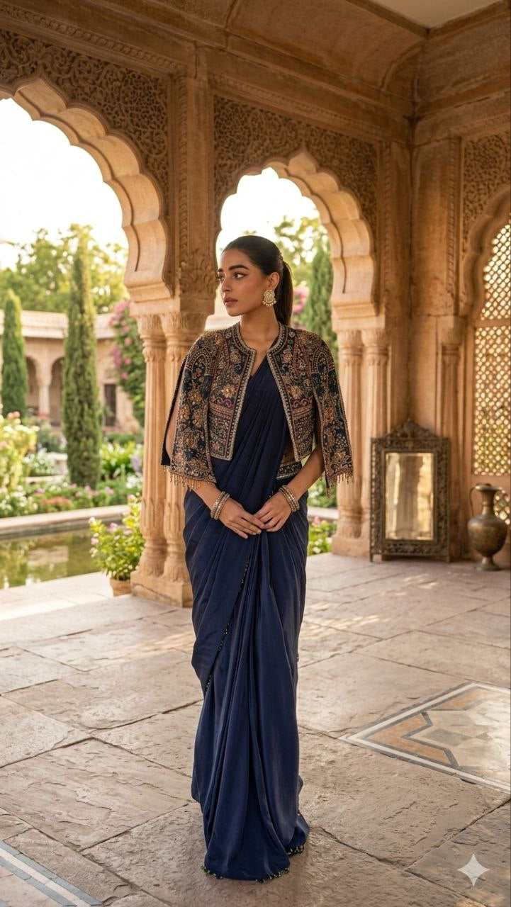 Womenline Midnight Blue Saree Set with Heavily Embroidered Jacket