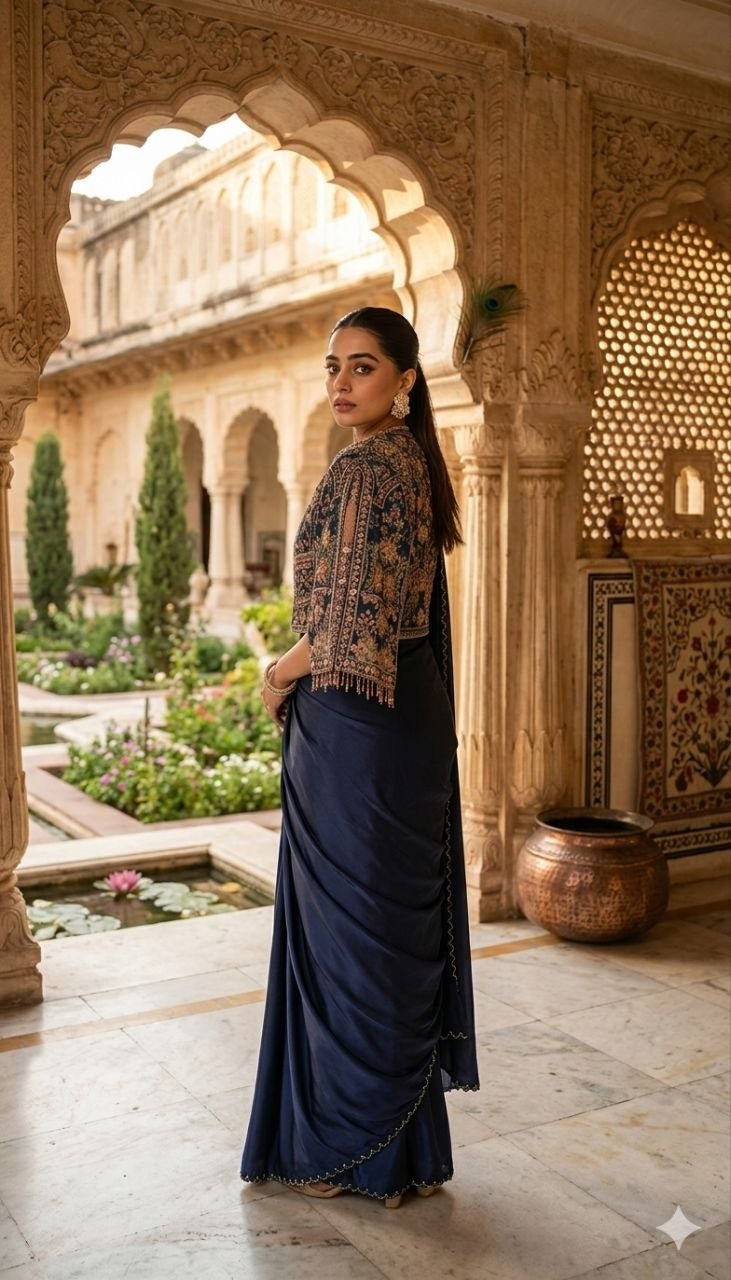 Womenline Midnight Blue Saree Set with Heavily Embroidered Jacket