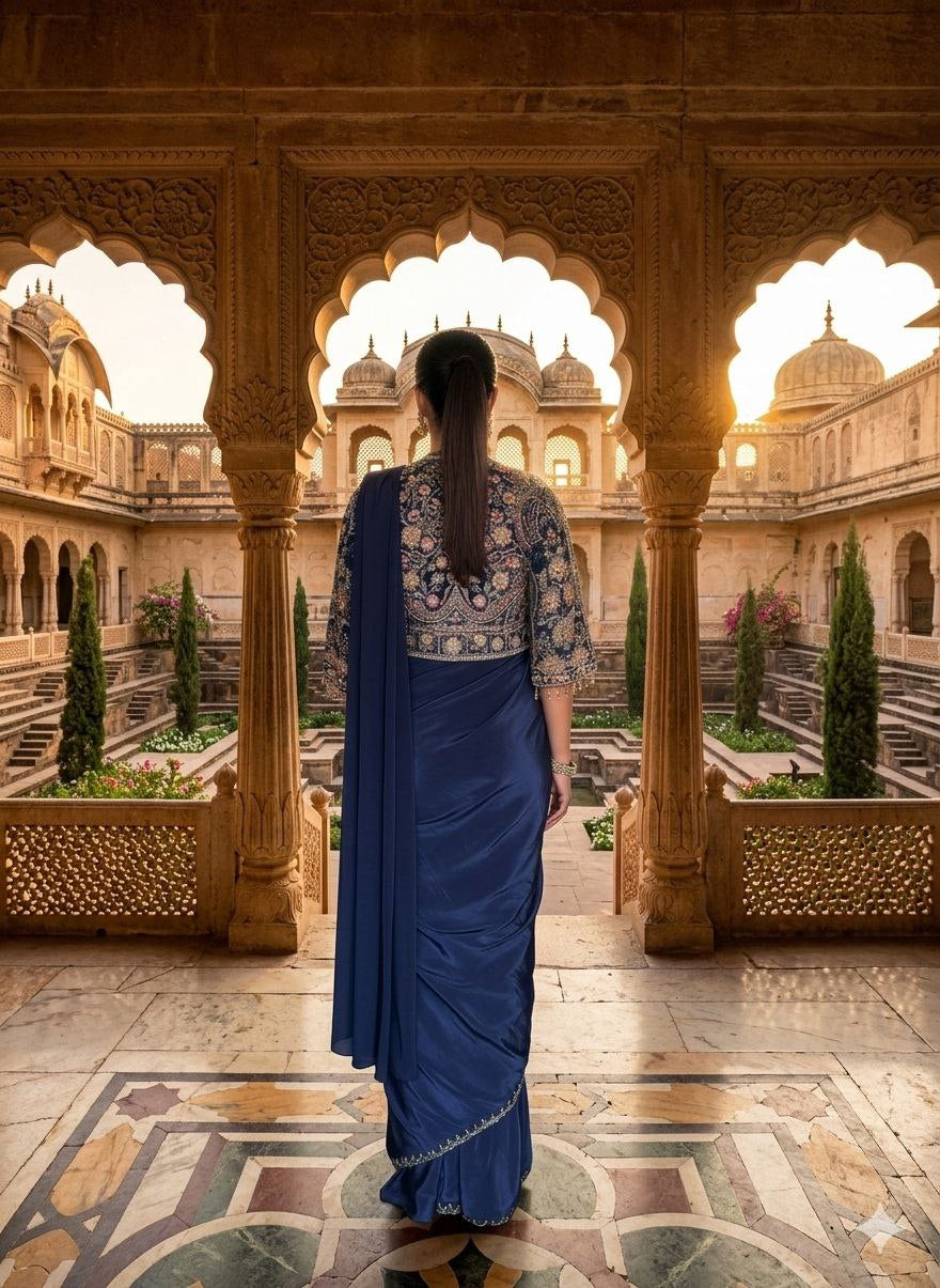 Womenline Midnight Blue Saree Set with Heavily Embroidered Jacket