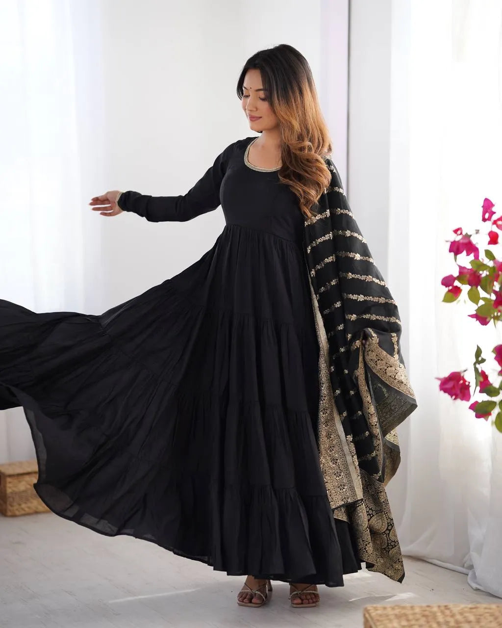 Womenline Black Color Pure Roman Silk Ruffle Style Anarkali Suit