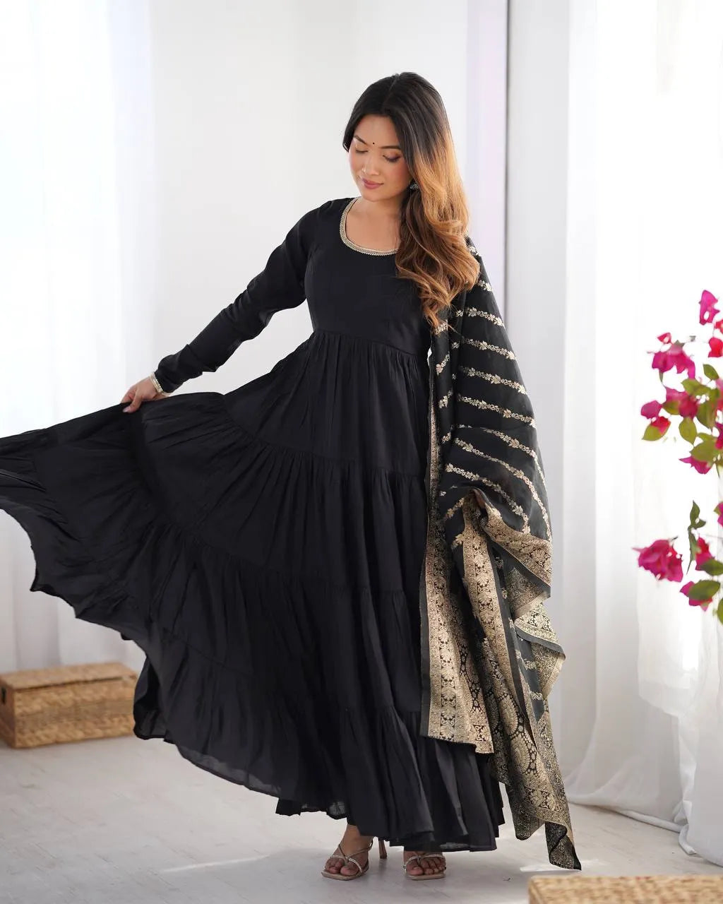 Womenline Black Color Pure Roman Silk Ruffle Style Anarkali Suit