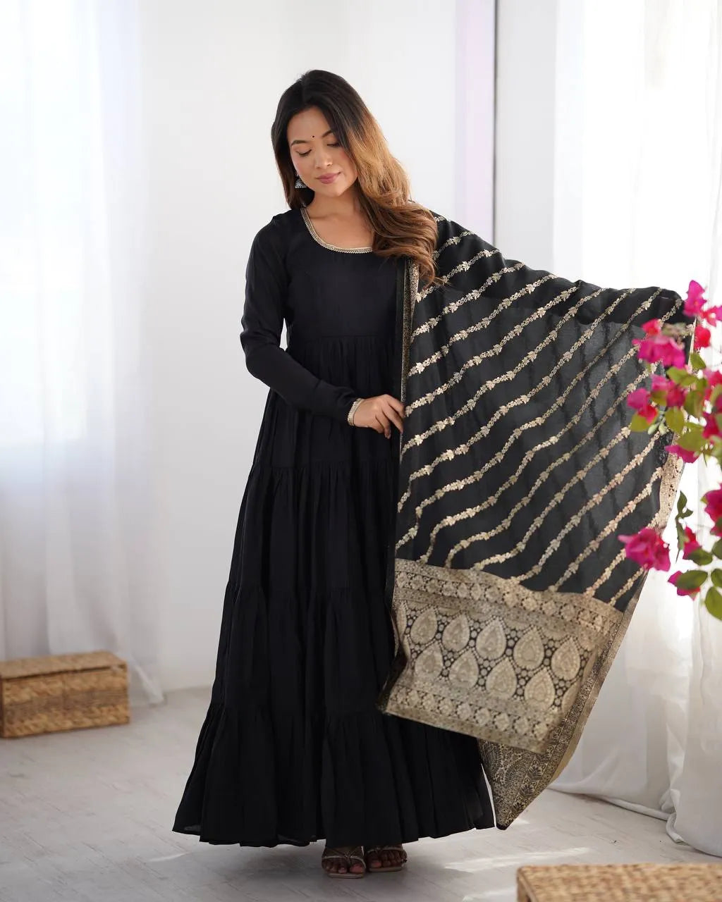 Womenline Black Color Pure Roman Silk Ruffle Style Anarkali Suit