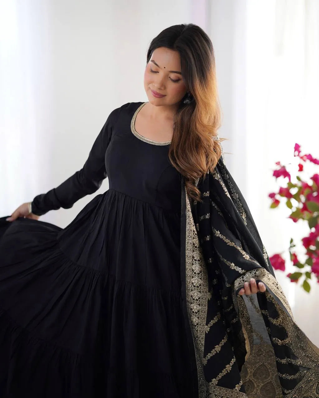 Womenline Black Color Pure Roman Silk Ruffle Style Anarkali Suit
