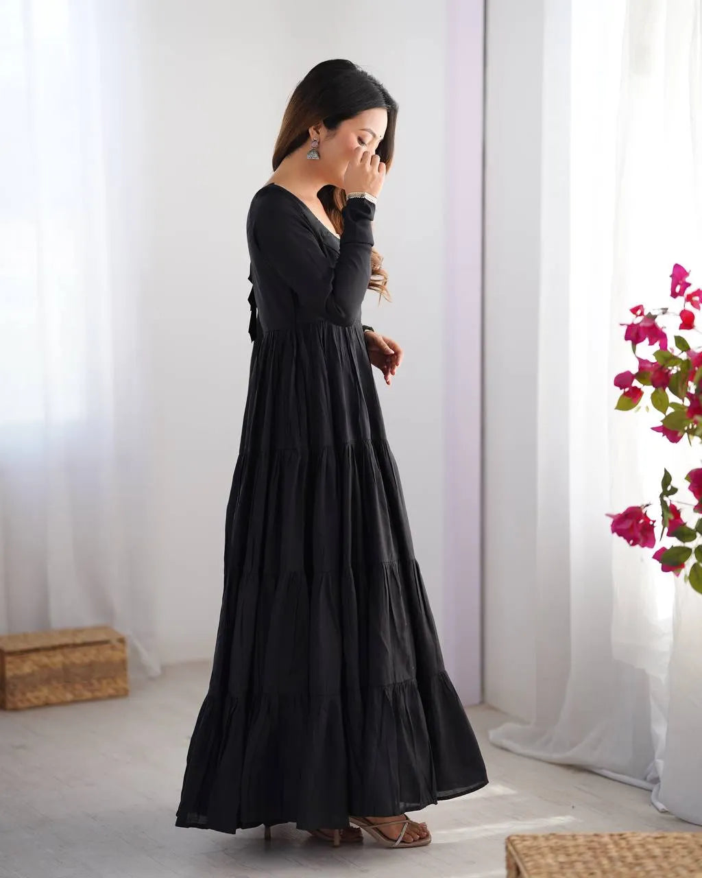 Womenline Black Color Pure Roman Silk Ruffle Style Anarkali Suit