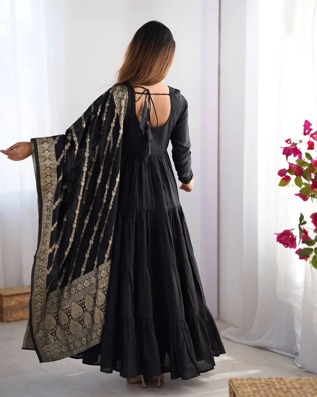 Womenline Black Color Pure Roman Silk Ruffle Style Anarkali Suit