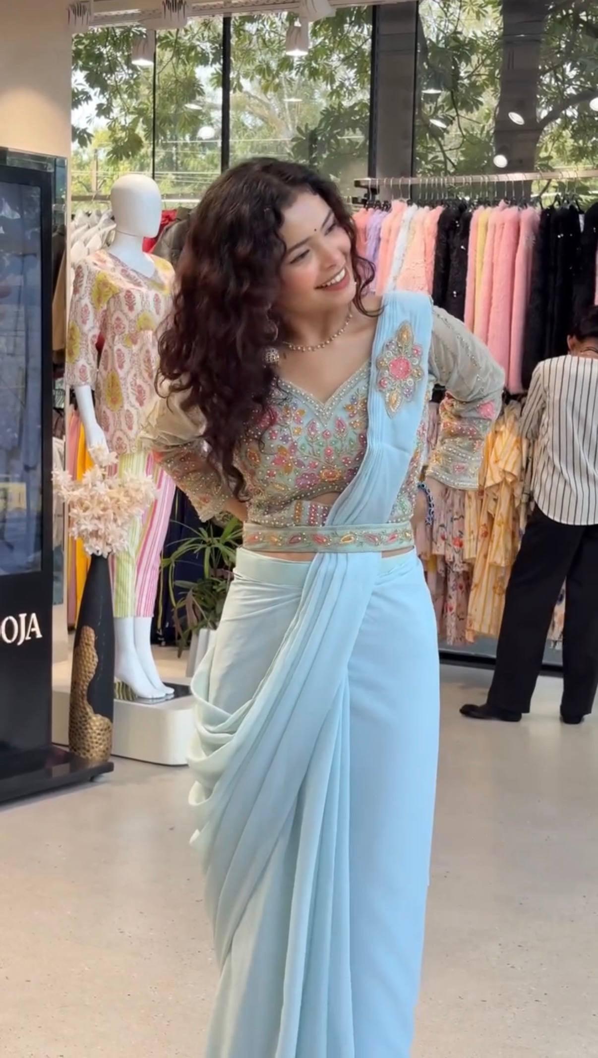 Womenline Powder Blue Draped Saree Set with Floral Embroidered Blouse