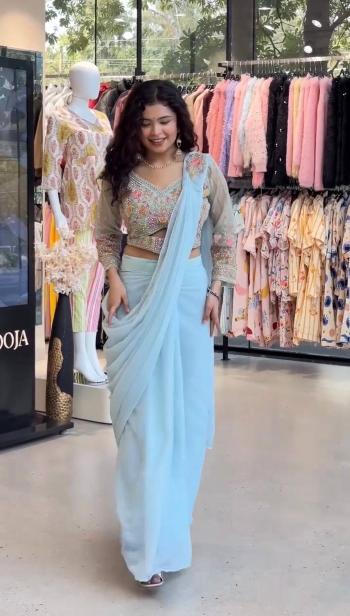 Womenline Powder Blue Draped Saree Set with Floral Embroidered Blouse