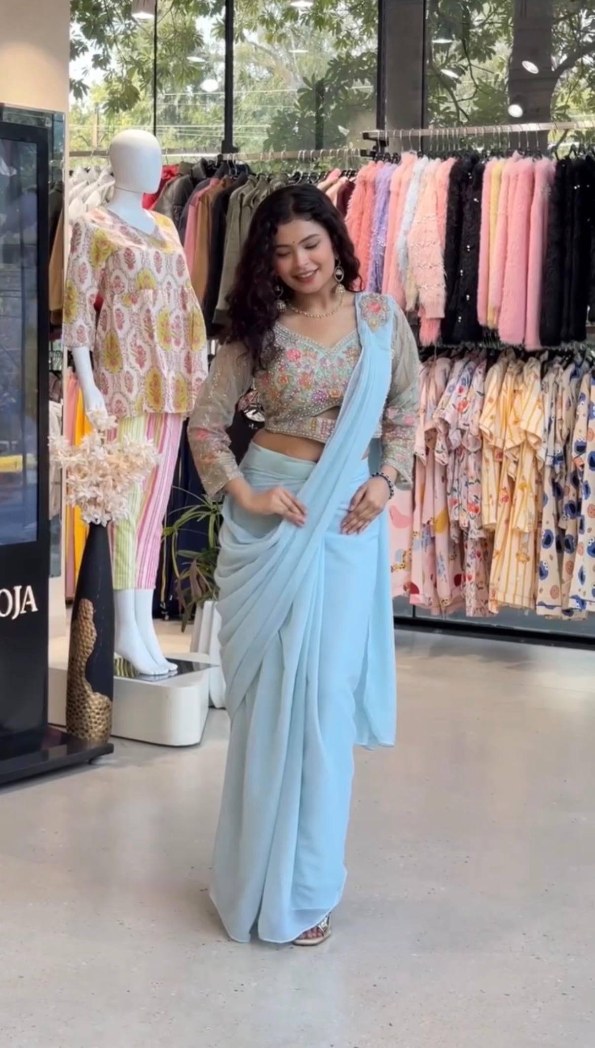 Womenline Powder Blue Draped Saree Set with Floral Embroidered Blouse
