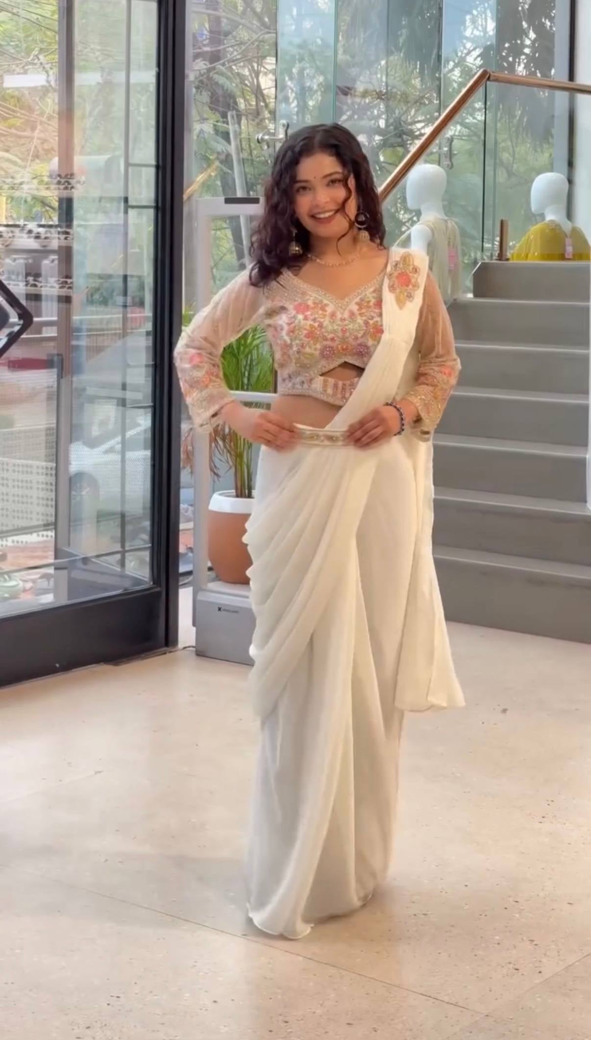Womenline Ivory Elegance Pre-Draped Saree Set with Floral Embroidered Blouse