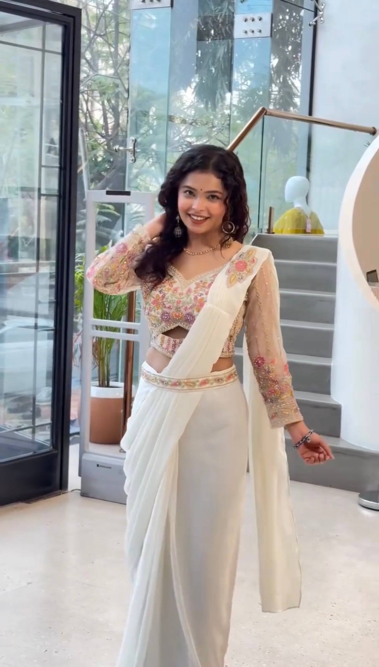 Womenline Ivory Elegance Pre-Draped Saree Set with Floral Embroidered Blouse