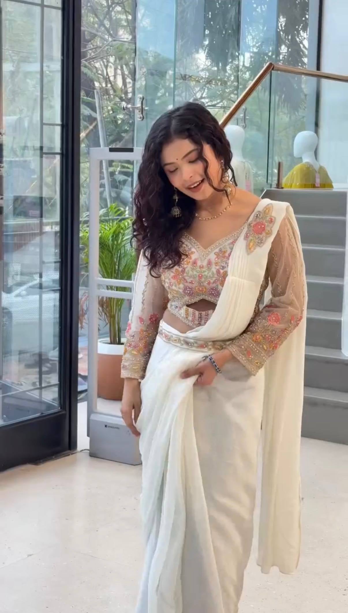 Womenline Ivory Elegance Pre-Draped Saree Set with Floral Embroidered Blouse