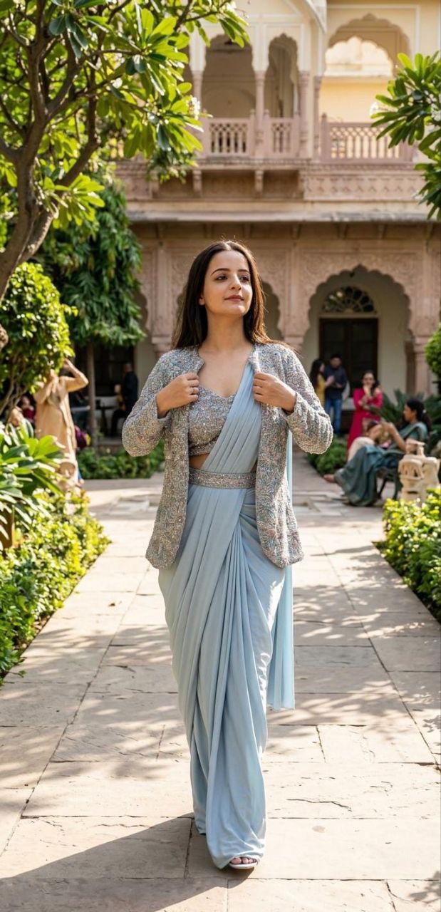 Womenline Powder Blue Pre-Draped Saree Set with Embroidered Jacket
