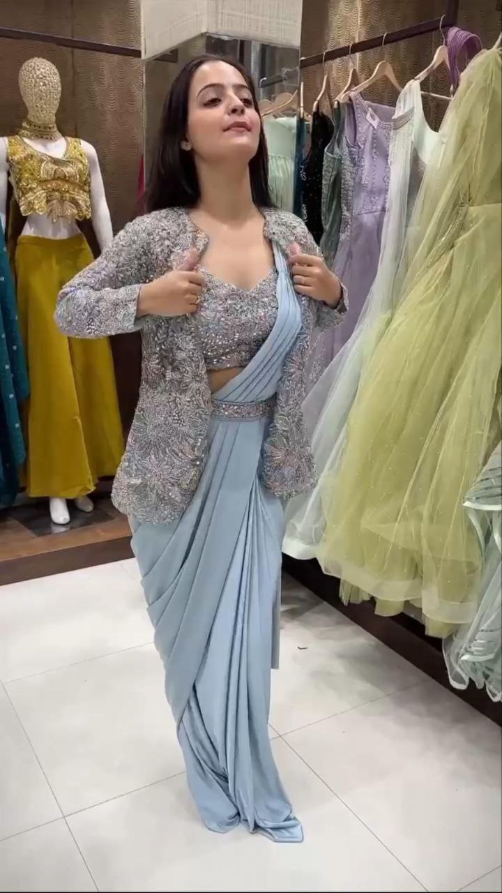 Womenline Powder Blue Pre-Draped Saree Set with Embroidered Jacket