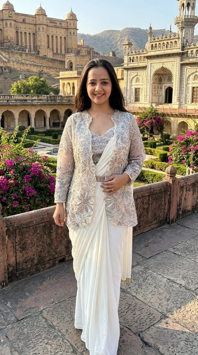 Womenline Ivory White Pre-Draped Saree Set with Embroidered Jacket