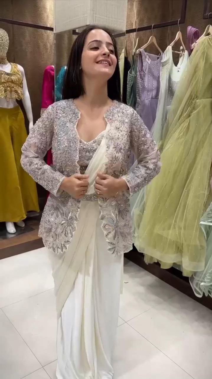 Womenline Ivory White Pre-Draped Saree Set with Embroidered Jacket