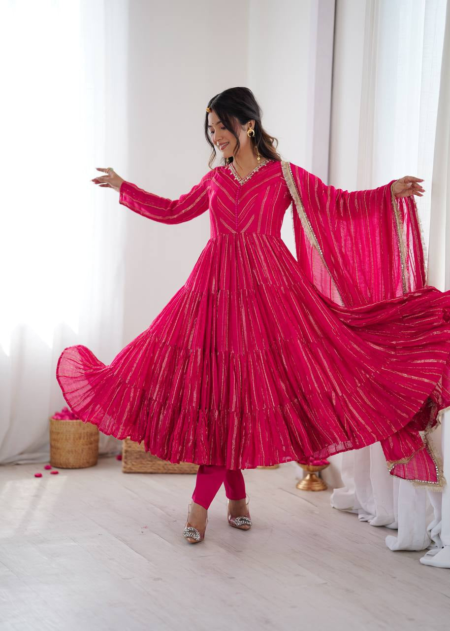 Womenline Fuchsia Pink Shimmer Tiered Anarkali Set With Dupatta