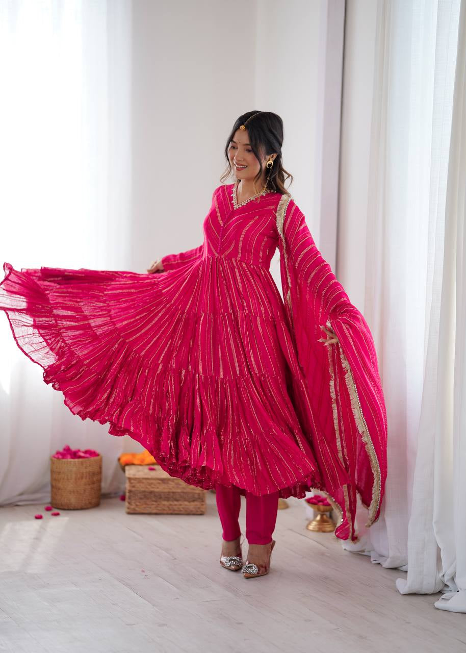 Womenline Fuchsia Pink Shimmer Tiered Anarkali Set With Dupatta