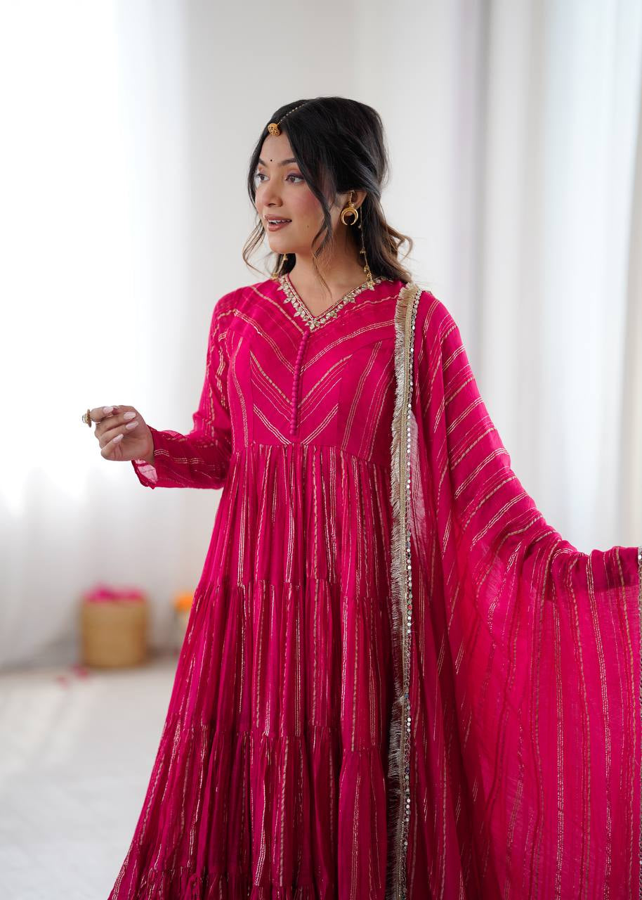 Womenline Fuchsia Pink Shimmer Tiered Anarkali Set With Dupatta