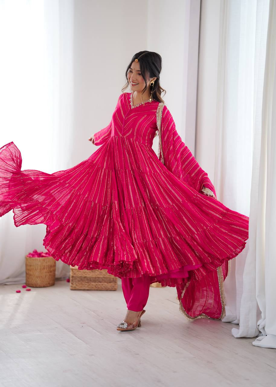 Womenline Fuchsia Pink Shimmer Tiered Anarkali Set With Dupatta
