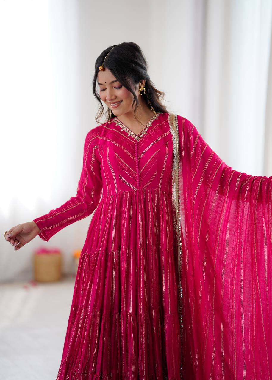 Womenline Fuchsia Pink Shimmer Tiered Anarkali Set With Dupatta